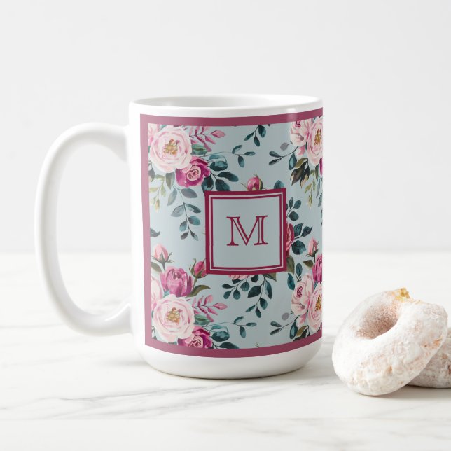 Mug Grandmillennial Fleur de Rose Poussiéreuse Monogra (Avec donut)
