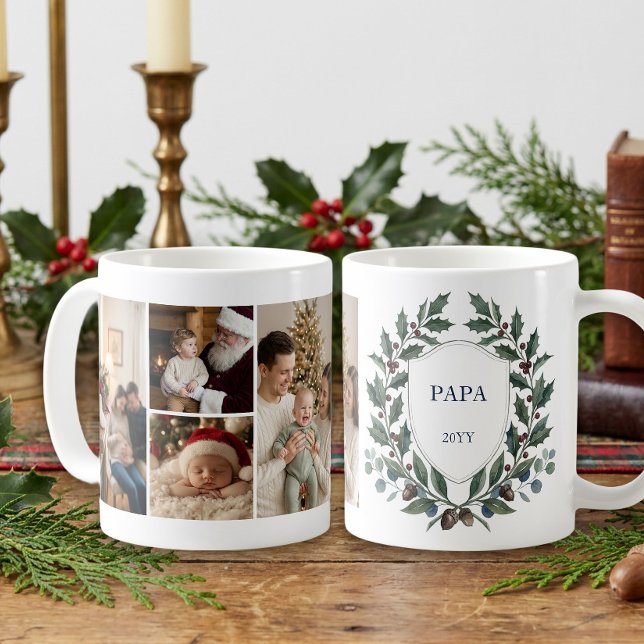 Mug Grandmillennial Holly Crest Multi Photo (Winter Crest Photo Mug - Old Money Heritage Christmas collection by Darling & May)