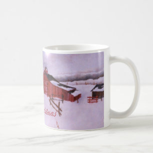 Mug Grange rouge et ferme dans la neige d'hiver