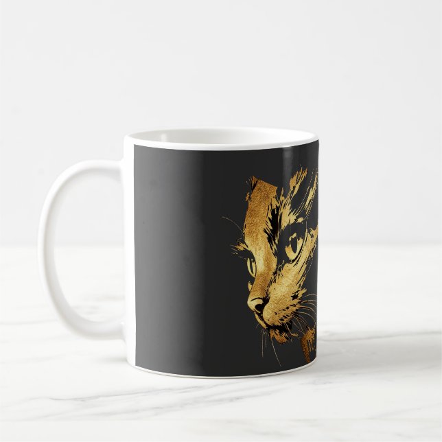 Mug Graphique Élégant Chat Noir et Or Texturé (Gauche)