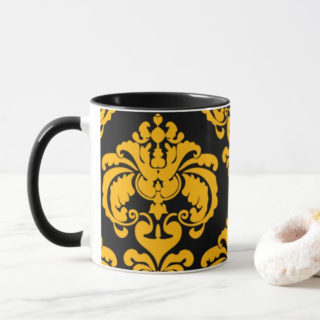 Mug Gras Jaune & Noir Élégant Chic Damask Motif (Avec donut)