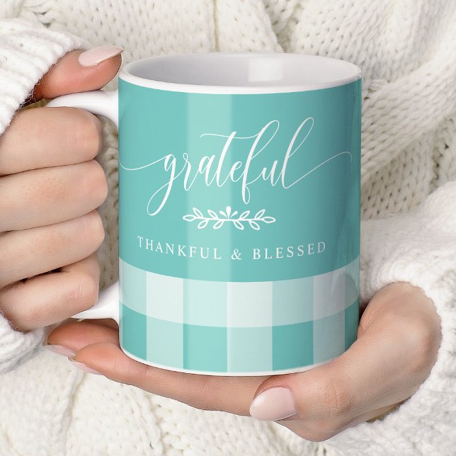 Mug Grateful Merci béni Turquoise & blanc Plaid (Créateur téléchargé)