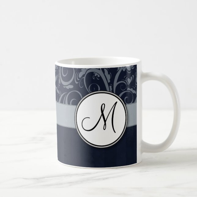 Mug Gray and Navy Floral Wisps & Stripes avec Monogram (Droite)