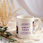 Mug Great Gran 2 Custom Baby Photos et statistiques de<br><div class="desc">Un mug photo pour une nouvelle arrière grand-mère. Le design a une palette de couleurs verte et blanche avec texte de machine à écrire et typographie moderne. Le modèle est mis en place pour vous d'ajouter deux photos, le nouveau titre de l'arrière-grand-père (grande grammie, gee gee, grand-père, etc.) ainsi que...</div>