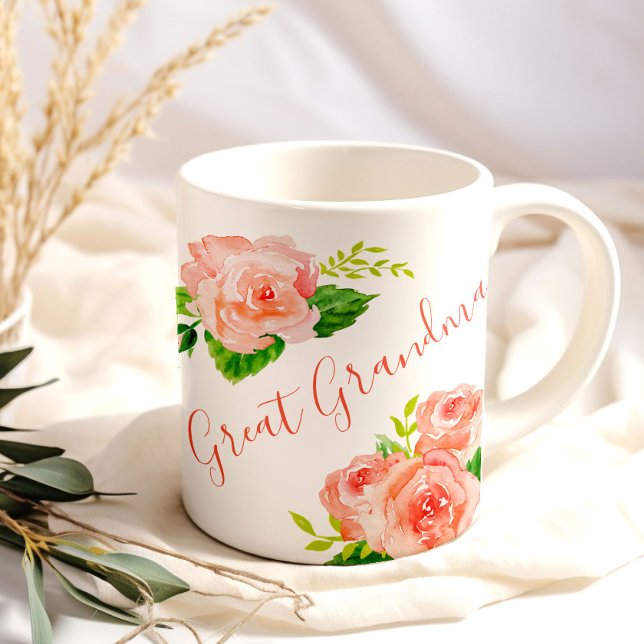 Mug Great Grandma Aquarelle Florale Coral Rose Rose (Floral white mug for Great Grandma)