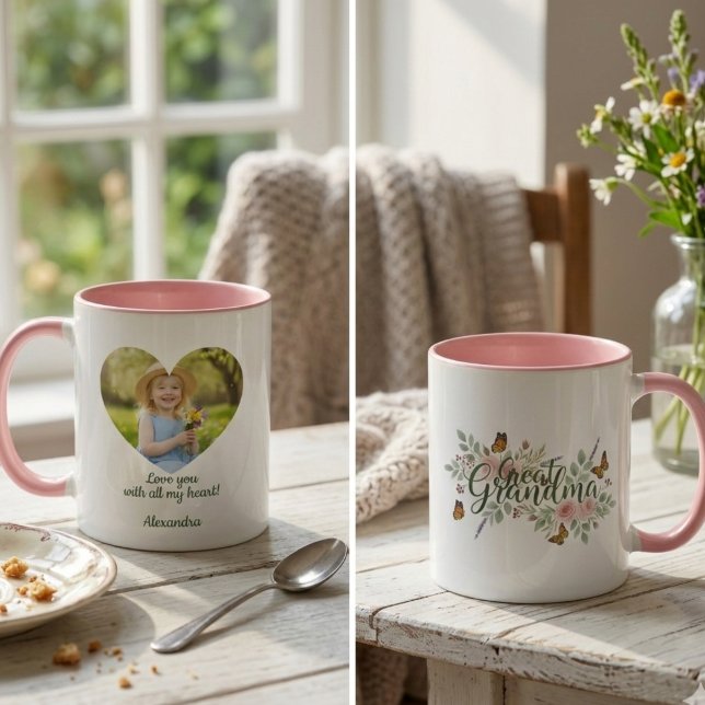Mug Great Grandma Watercolor Floral (Personalized Heart Photo Great Grandma mug)