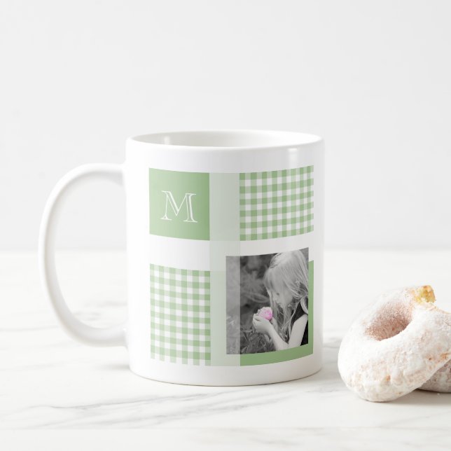 Mug Green Ajouter Votre Photo En vichy Monogramme Mode (Avec donut)