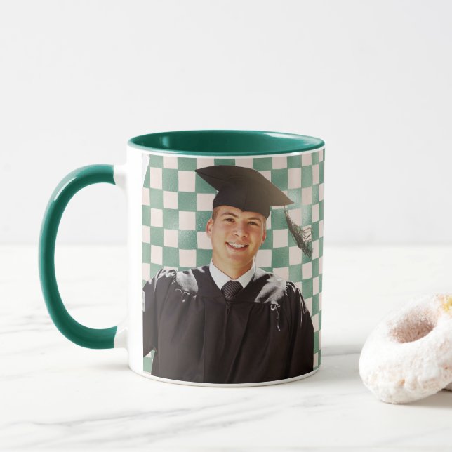 Mug Green Checkered Custom Photo Men Graduation (Avec donut)