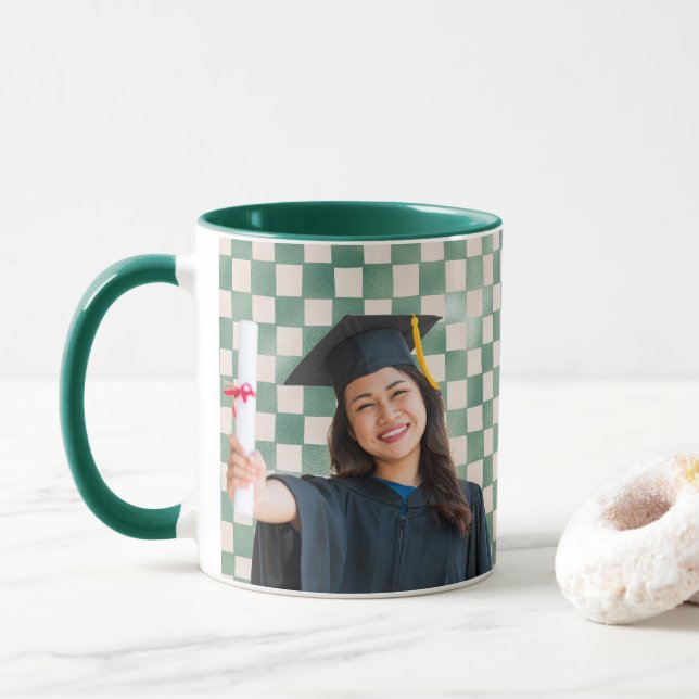 Mug Green Checkered Personalized Portrait Graduation (Avec donut)