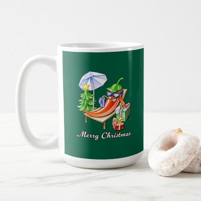 Mug Green Funy Joyeux dessin de chili de Noël (Avec donut)