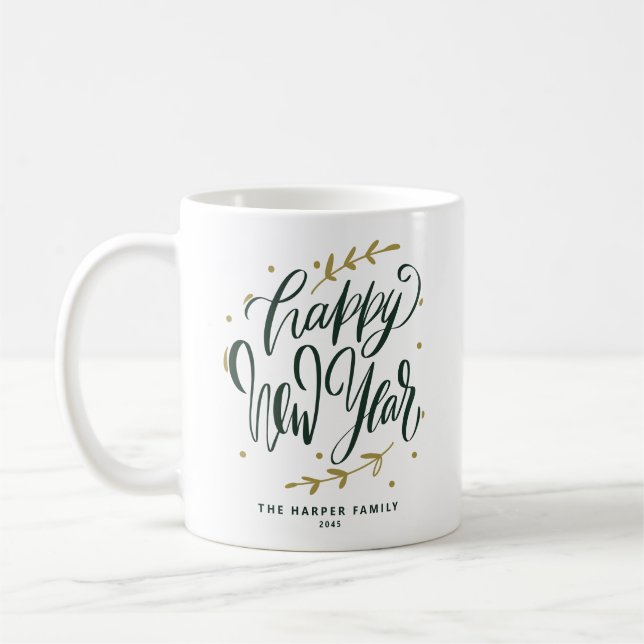 Mug Green Happy New Year Modern Calligraphy Wreath (Gauche)