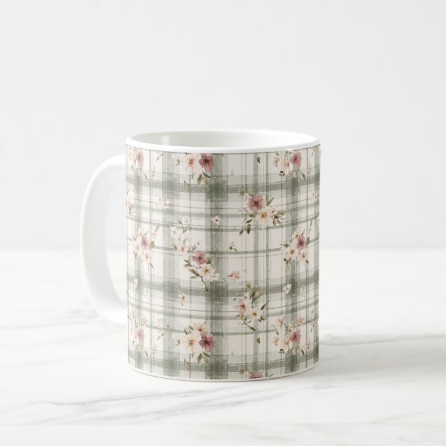 Mug Green Plaid Stripes Burgundy Cream Flowers (Devant gauche)