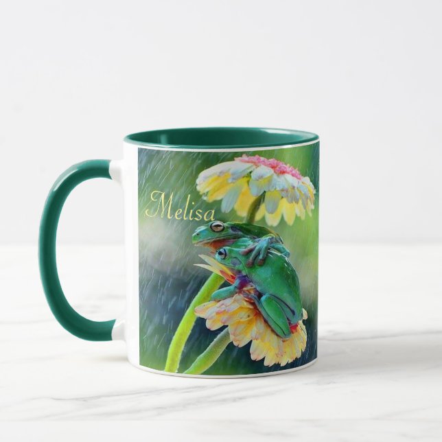 Mug Grenouille Amis Fleurs Pluie Nom du cadeau Café (Gauche)