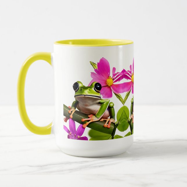 Mug Grenouille verte adorable entourée de fleurs roses (Gauche)
