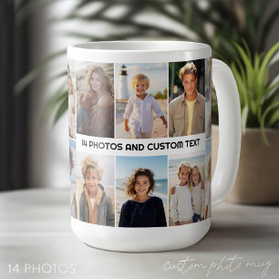 Mug Grille de collage de 14 photos - Texte central mod