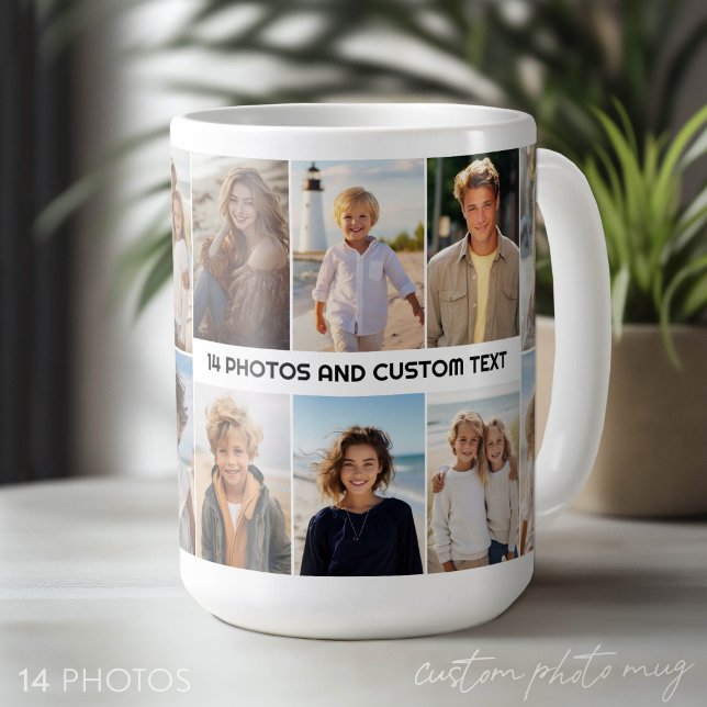 Mug Grille de collage de 14 photos - Texte central mod (Custom Photo Mug - Makes a Great Gift)