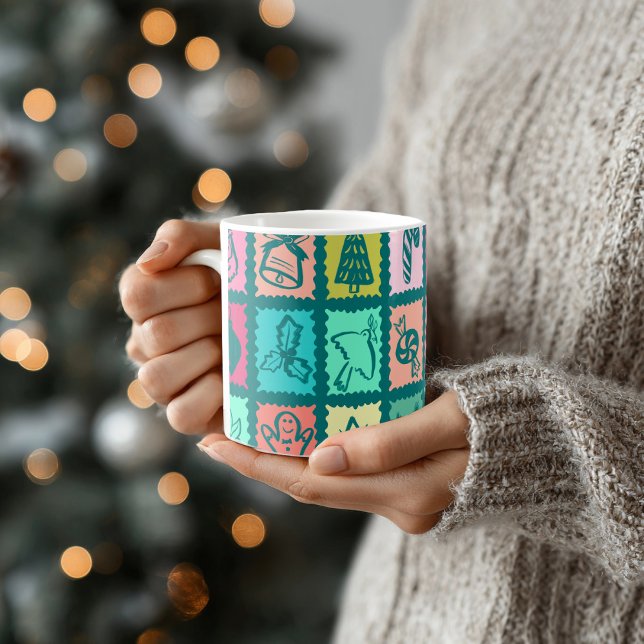 Mug Grille de Noël Fantaisiste Vacances Mignonnes et L (Whimsical Christmas Grid Cute Bright Holiday Coffee Mug
)