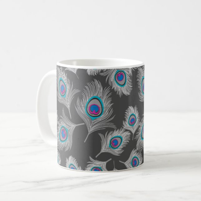 Mug Gris argenté et plume de paon turquoise (Devant gauche)