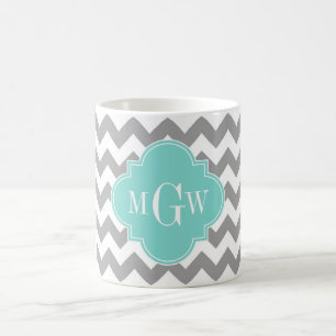 Mug Gris Blanc Chevron Aqua Quatrefeuille 3 Monogramme