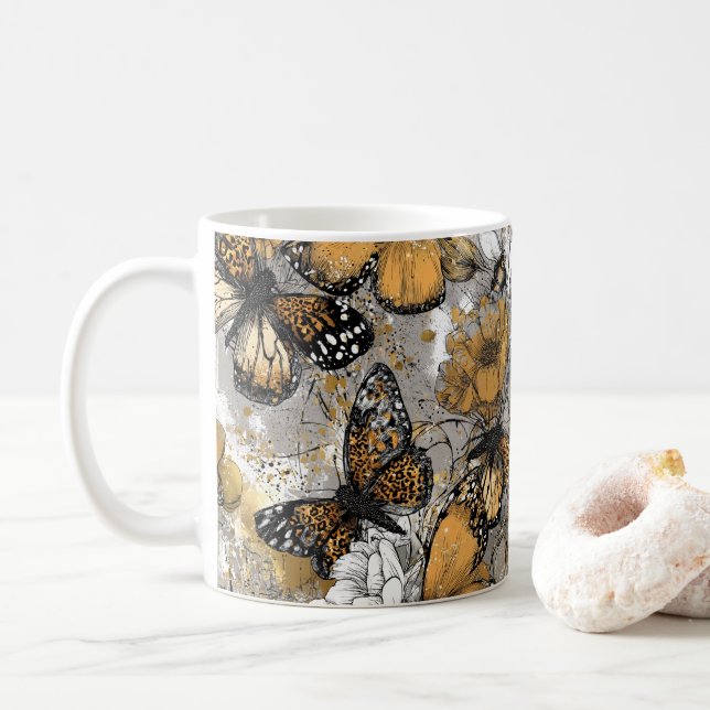 Mug Gris Blanc Or Papillons Floraux Élégants (Avec donut)