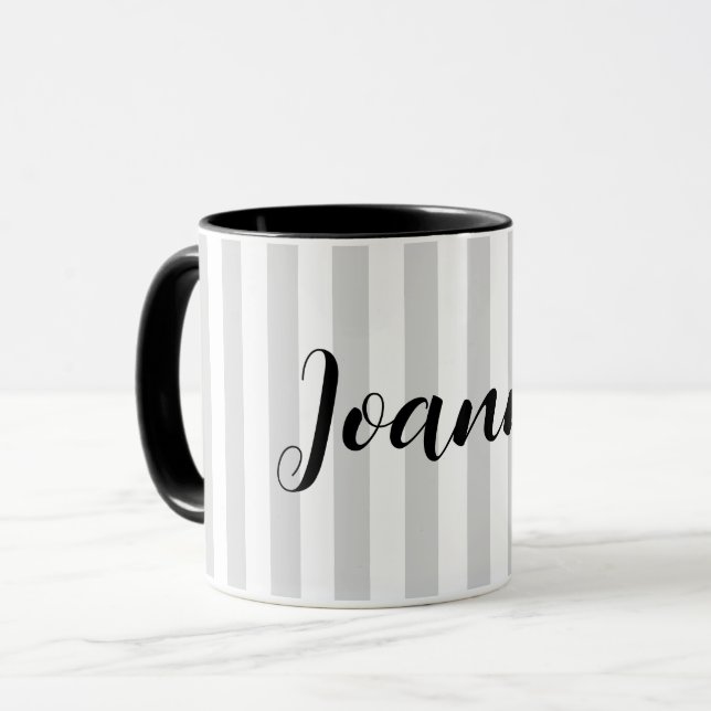 Mug Gris clair et blanc rayures personnalisées (Devant gauche)