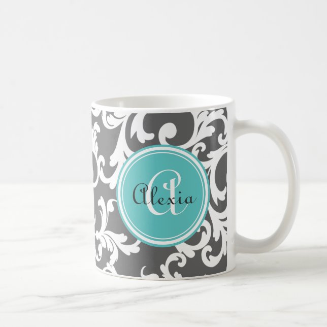 Mug Gris et aqua Damas monogramme Imprimer (Droite)