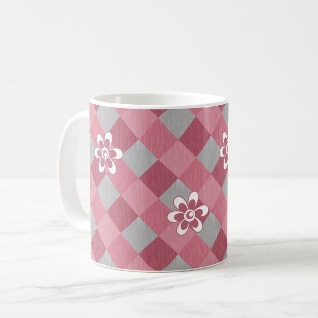 Mug Gris et carreaux rose avec fleurs de camomille (Devant gauche)