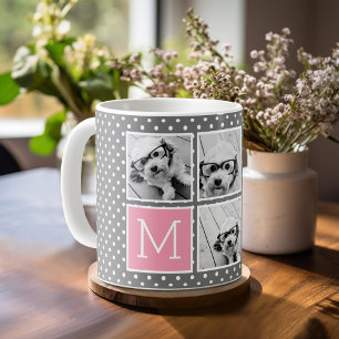 Mug Gris et Rose 5 Collage de Photos avec Monogramme