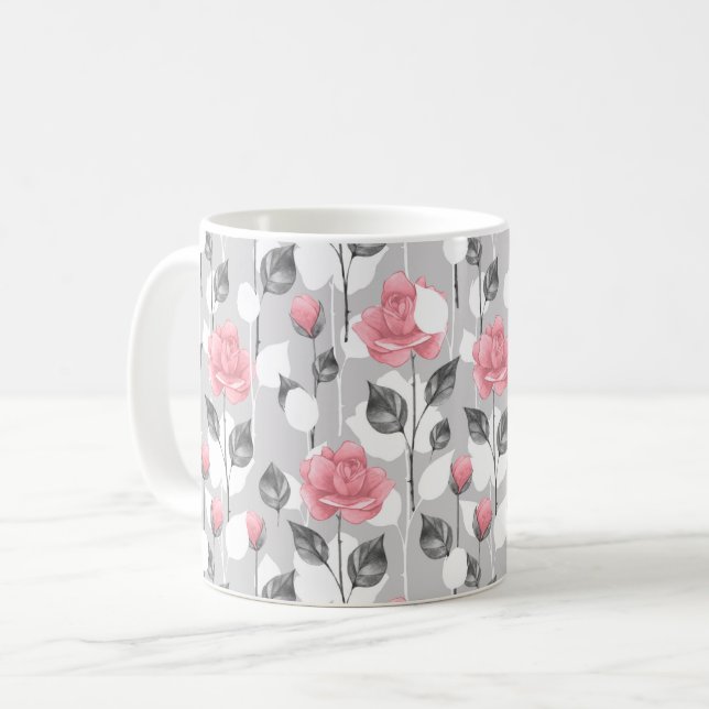 Mug Gris et rose. Motif floral (Devant gauche)