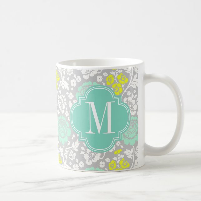 Mug Gris floral Girly moderne de jaune d'Aqua (Droite)