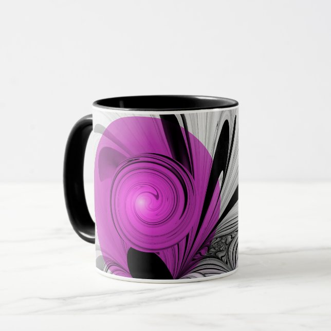 Mug Gris Noir Abstrait Avec Art Fractal Magenta (Devant gauche)