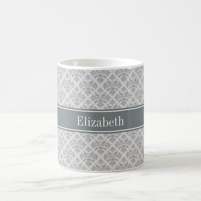Mug Gris sur Damas gris #3 Nom du charbon Monogramme (Centre)