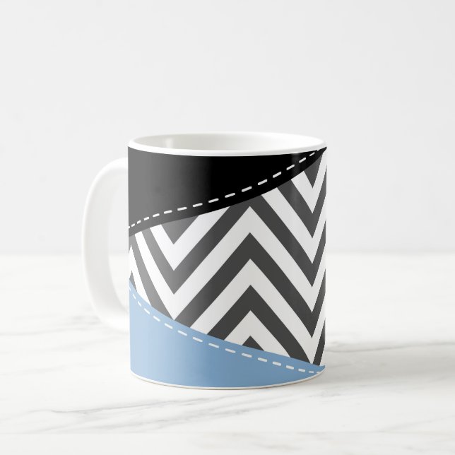 Mug Gris Zigzag, Gris Chevron, Motif Zigzag, Bleu (Devant gauche)