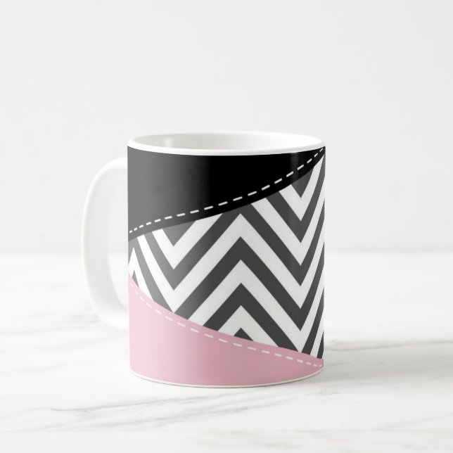 Mug Gris Zigzag, Gris Chevron, Motif Zigzag, Rose (Devant gauche)