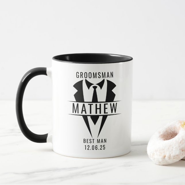 Mug Groomsman Best Men Tuxedo Personnalisé Nom Cool (Avec donut)