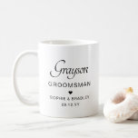 Mug Groomsman Nom personnalisé Mariage<br><div class="desc">Groomsman Nom personnalisé Mariage Party Café Mug présente le nom de votre marié avec les noms du couple de mariées et la date mariage accentuée d'un petit coeur d'amour. Sur mesure pour votre toiletteur. Conçu par ©2024 Evco Studio www.zazzle.com/store/evcostudio</div>