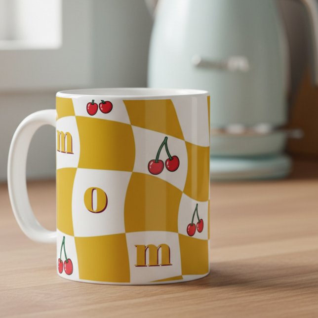 Mug Groovy Cherry Checkerboard Kitchen Kitsch Mom (Groovy Mom Mug with checkerboard and cherries by Darling & May)