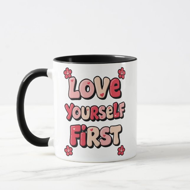 Mug Groovy Pink "Love Yourself First" Quote (Gauche)
