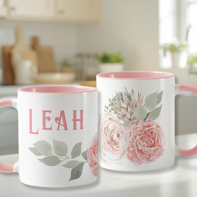 Mug Gros caractères rose nom muette Aquarelle fleurs (Pink big letters name mug Watercolor flowers)