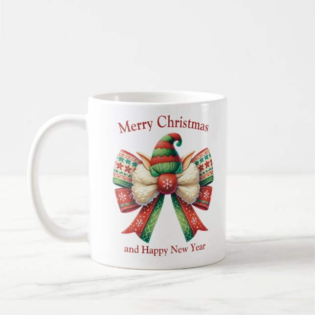 Mug Gros Noël avec arc rustique avec elfes casquette (Gauche)