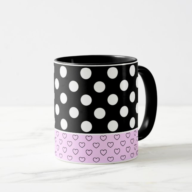 Mug Gros Points Blancs À Café Noir Et Rose Élégants (Devant droit)