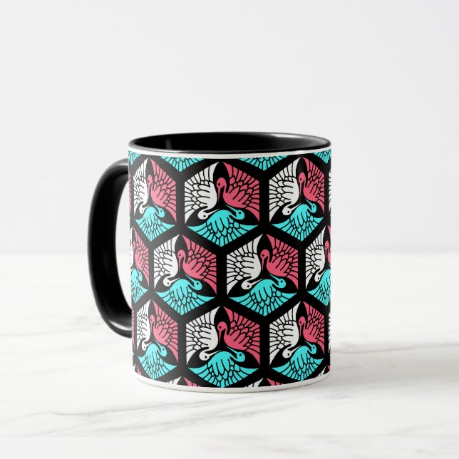 Mug Grues japonaises, corail, turquoise et noir (Devant gauche)