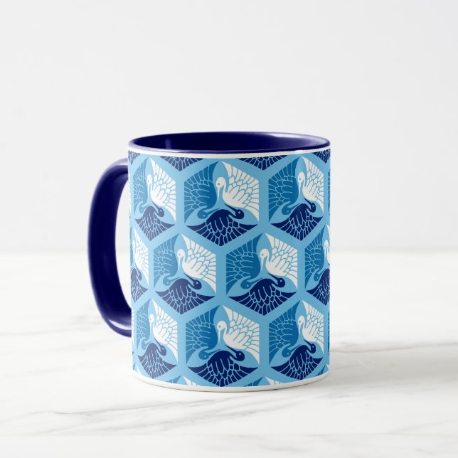 Mug Grues japonaises, marine, blanche et bleu clair (Devant gauche)
