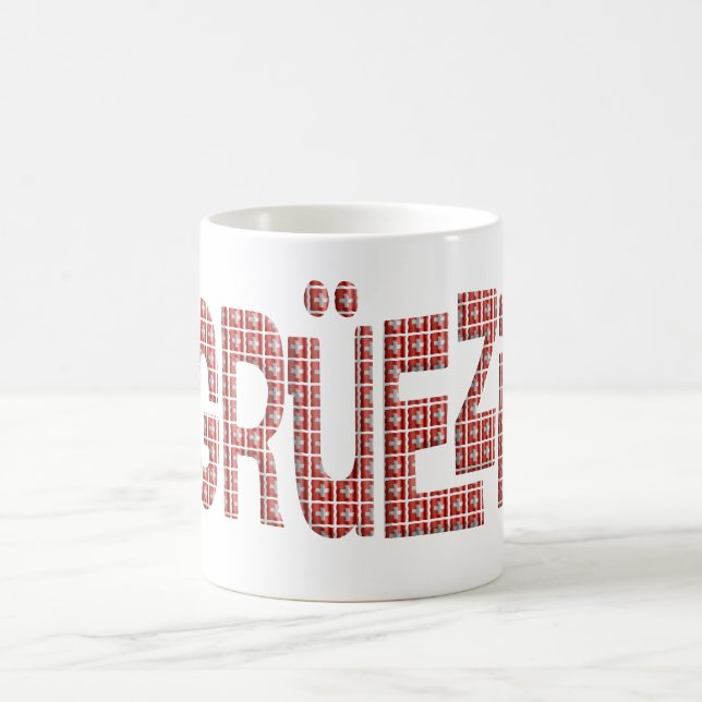 Mug Grüezi avec une superposition de drapeaux suisses. (Centre)