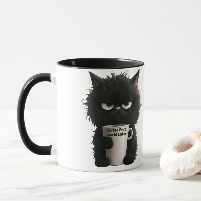 Mug Grumpy Cat Coffee Mood T-Shirt Funny Black Fluffy  (Avec donut)