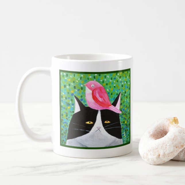 Mug Grumpy Chat avec petit oiseau rouge Amusant Amoure (Avec donut)