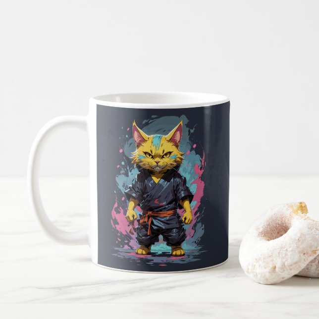 Mug Guerrier Chat Ninja Aquarelle Jaune Cool (Avec donut)