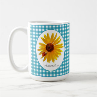 Mug Guingan de turquoise de tournesol de coccinelle