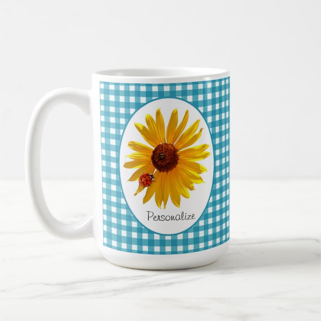 Mug Guingan de turquoise de tournesol de coccinelle (Gauche)