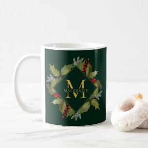 Mug Guirlande de houx de monogramme d'aquarelle de